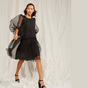 CYNTHIA ROWLEY 🏷️NWT Black Organiza Drop Waist Tiered Ruffle Elbow Sleeve S